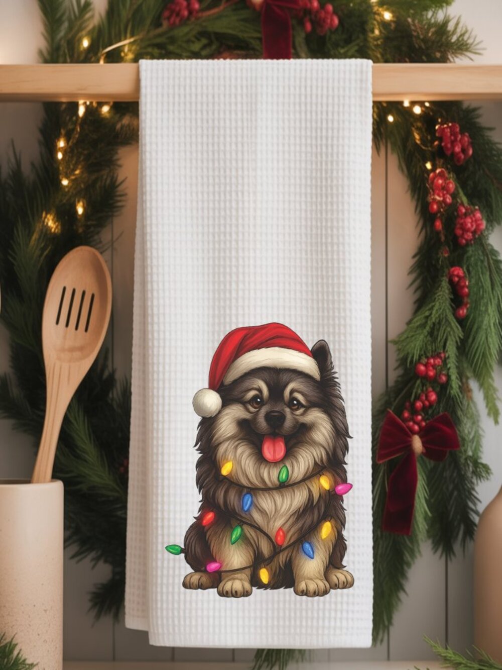 Keeshond Christmas Lights Decorative Kitchen Tea Towel